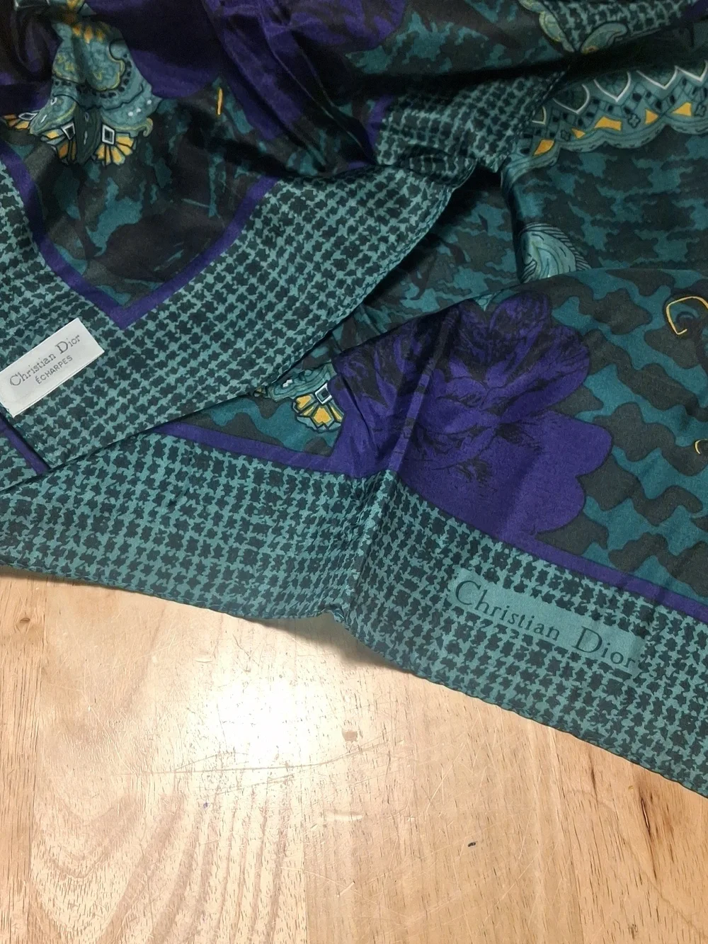 Dior Green and Purple Silk Houndstooth Scarf